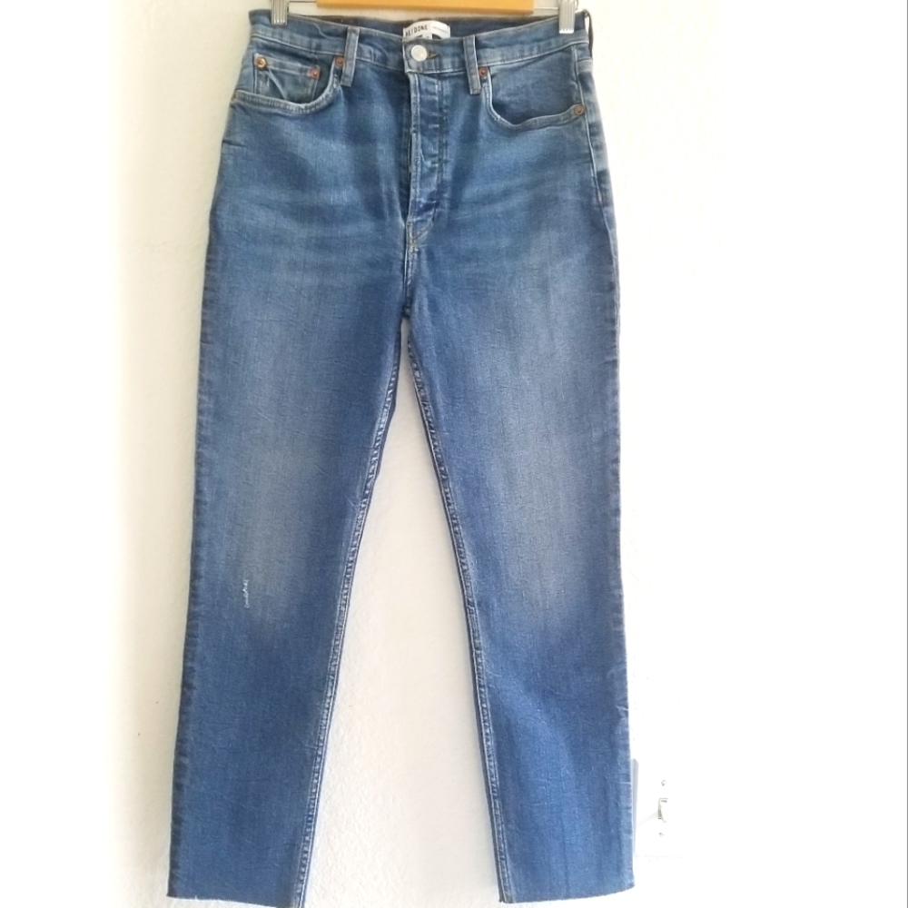 RE/DONE High Rise Ankle Crop Ultra Stretch Raw Cut Jeans Size 30 Mid Wa…